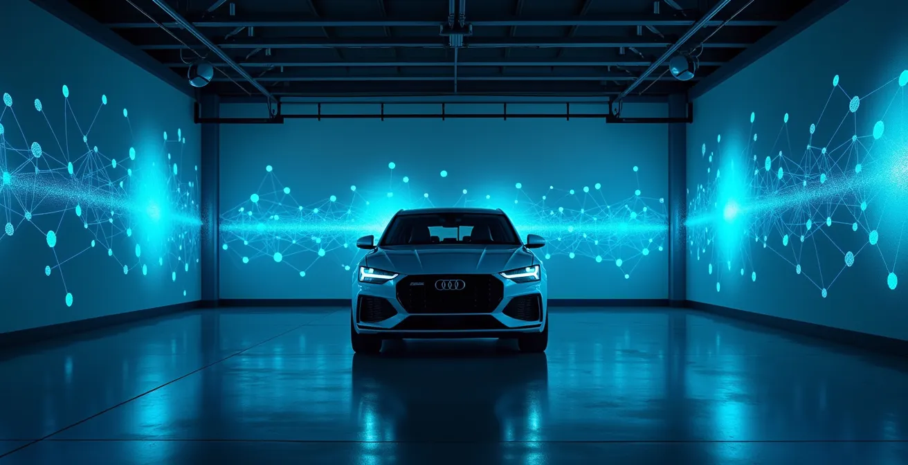 Auto moderna parcheggiata nel garage domestico con simboli astratti di connettività wireless