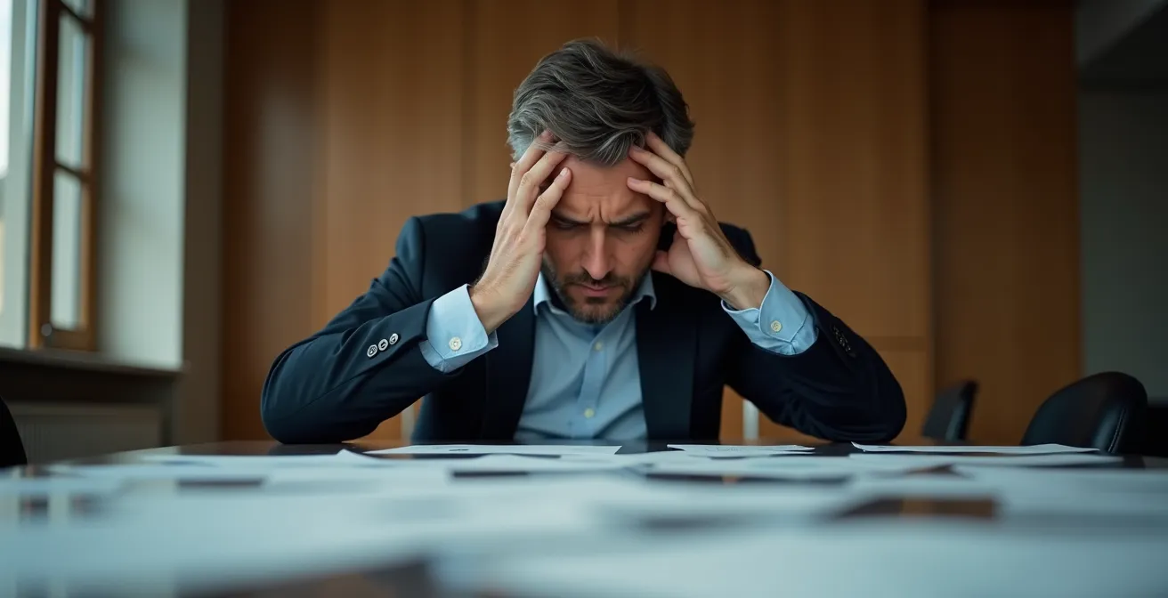 Manager italiano sotto pressione durante una decisione critica in azienda