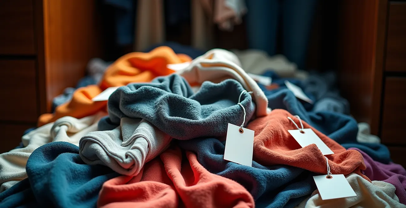 Armadio traboccante di vestiti con cartellini ancora attaccati, simbolo dello spreco del fast fashion.