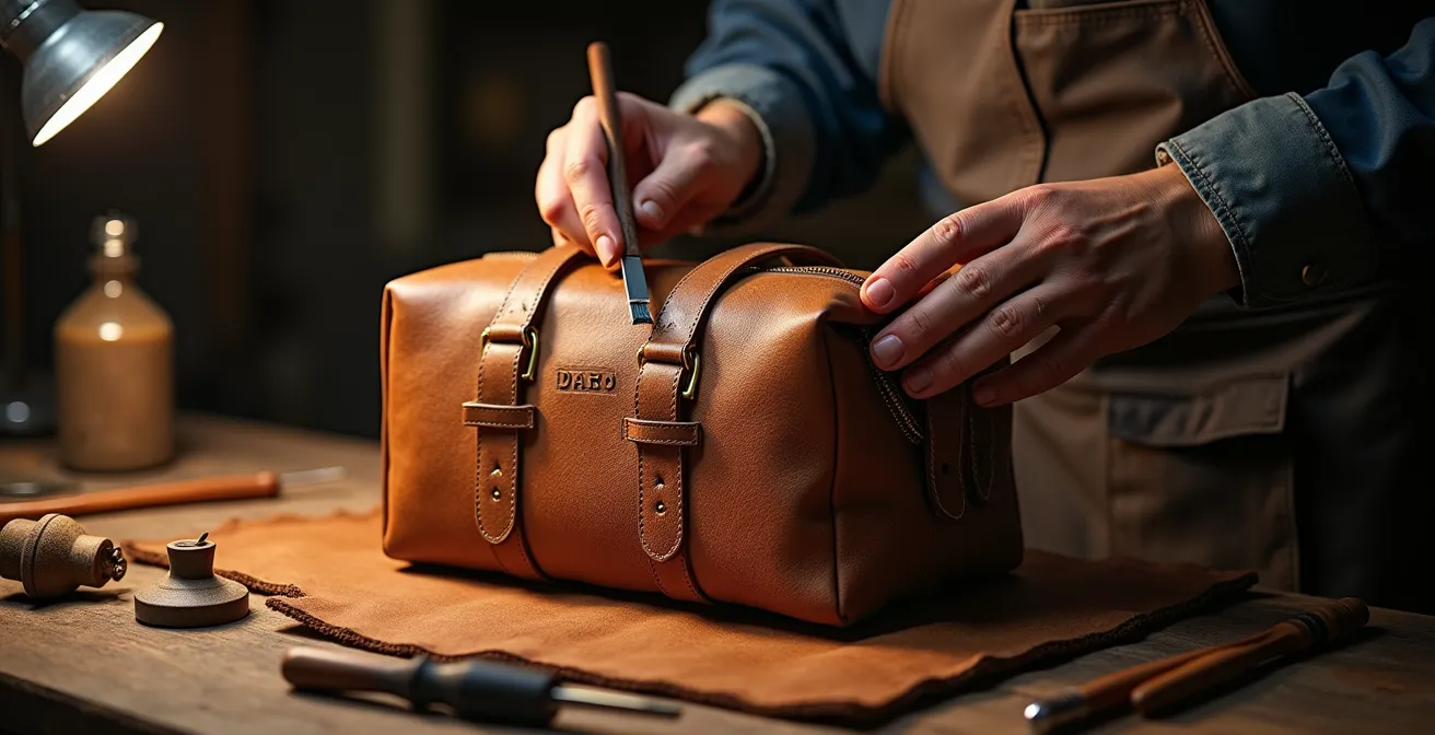 Artigiano italiano che restaura una borsa vintage in pelle con strumenti tradizionali