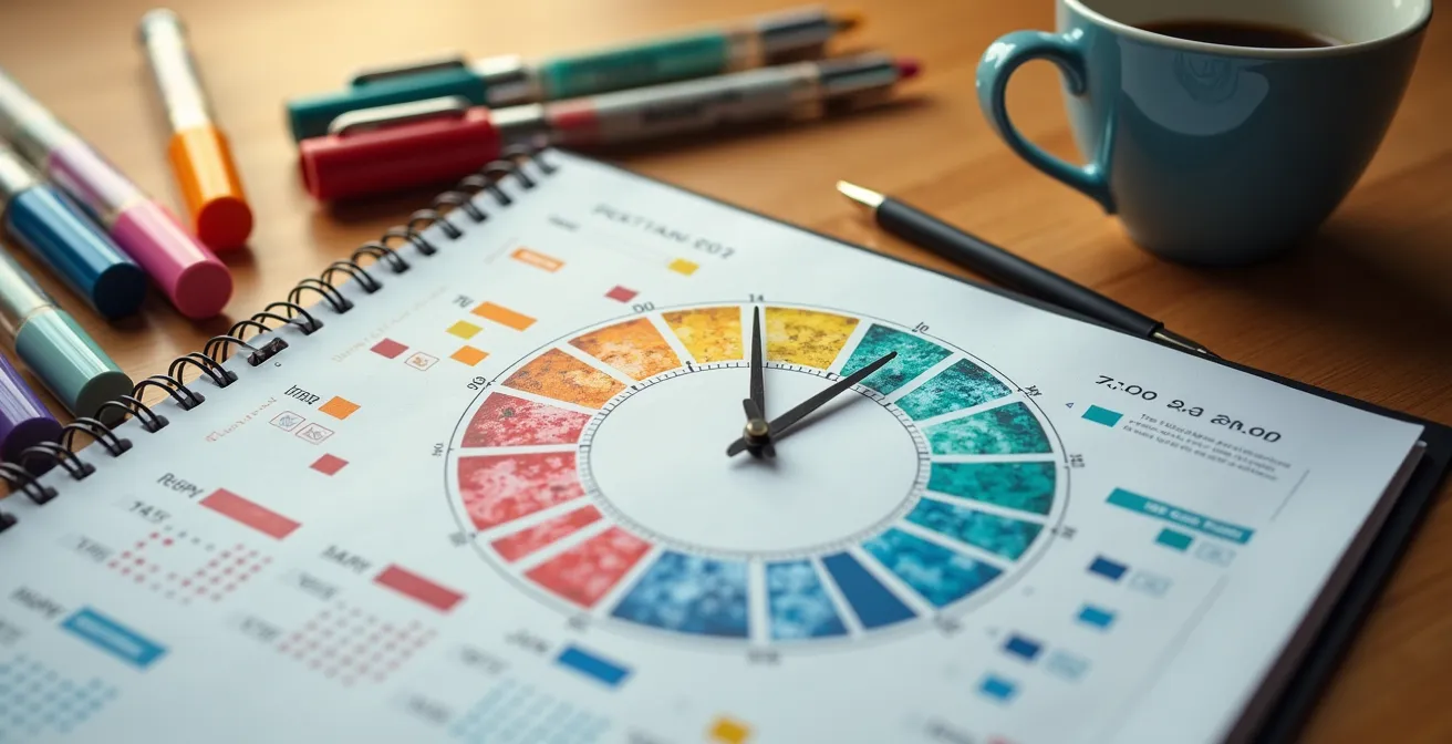 Calendario con evidenziatori colorati e orologio che mostra pianificazione strategica