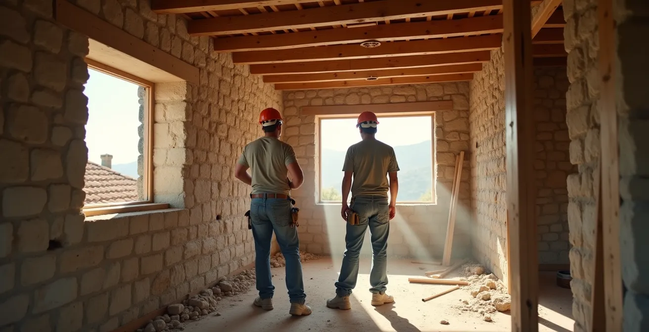 Cantiere di ristrutturazione di un rudere italiano con operai al lavoro