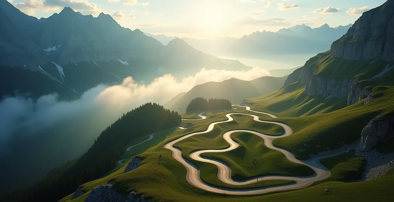 Vista aerea di una strada di montagna con curve e tornanti nelle Dolomiti italiane