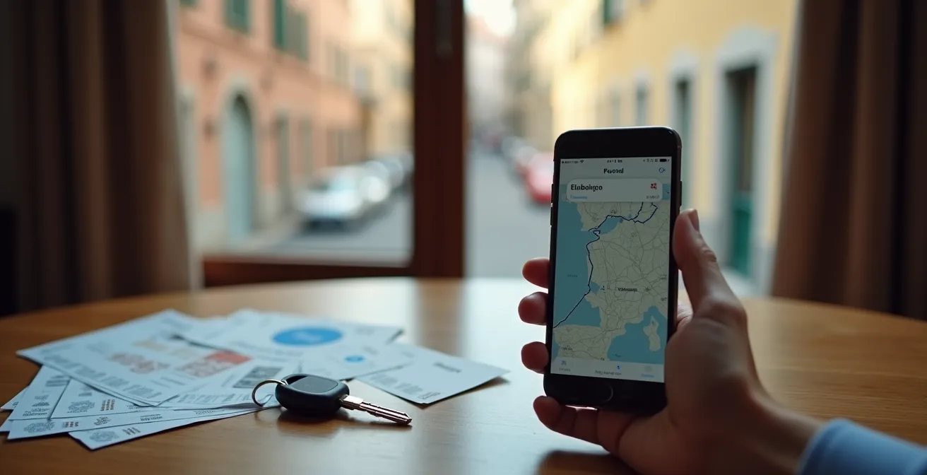 Vista aerea di una strada urbana italiana con auto in car sharing parcheggiate accanto a biciclette