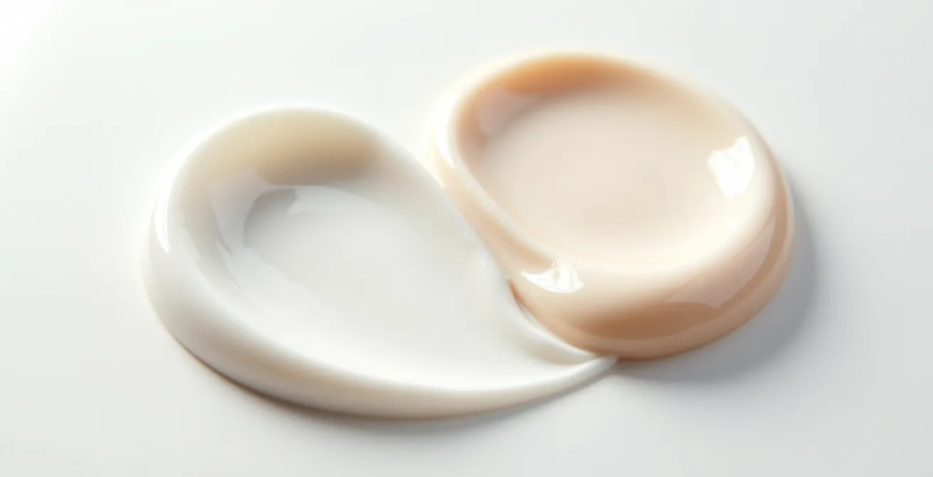 Etichette cosmetiche affiancate con texture creme visibili in macro