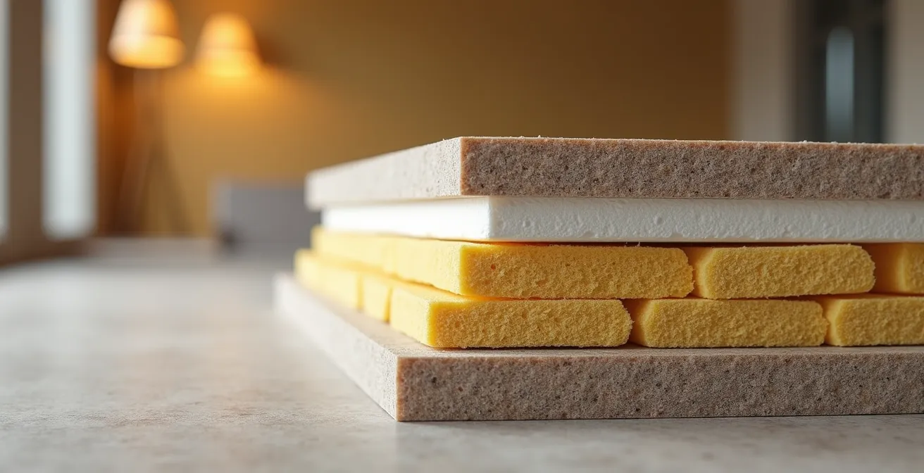 Sezione di parete con diversi strati di materiali isolanti acustici