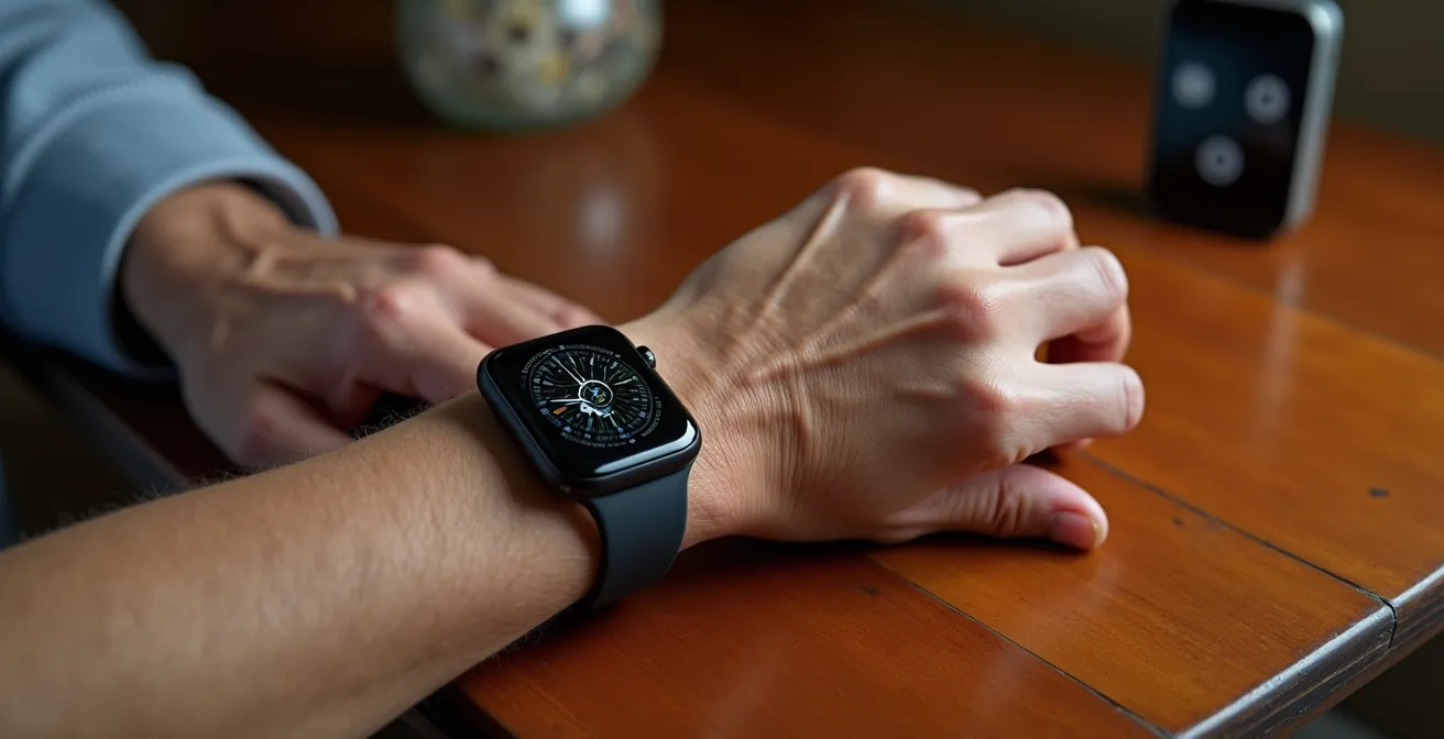 Mano anziana che indossa uno smartwatch accanto a un salvavita tradizionale su tavolo di legno