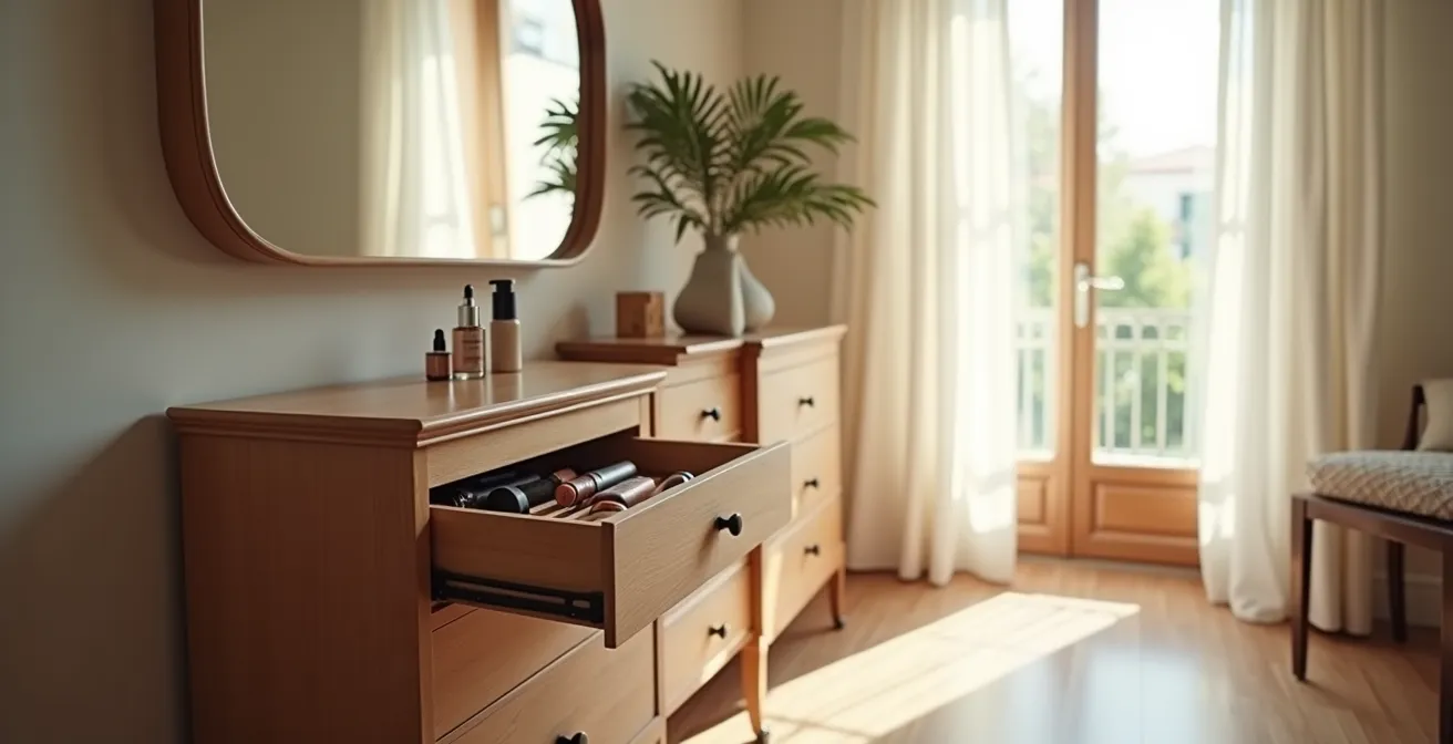 Camera da letto italiana con cassetto organizzato per cosmetici lontano da fonti di calore