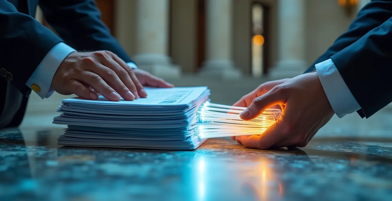 Professionista che analizza documenti PNRR per digitalizzazione PMI