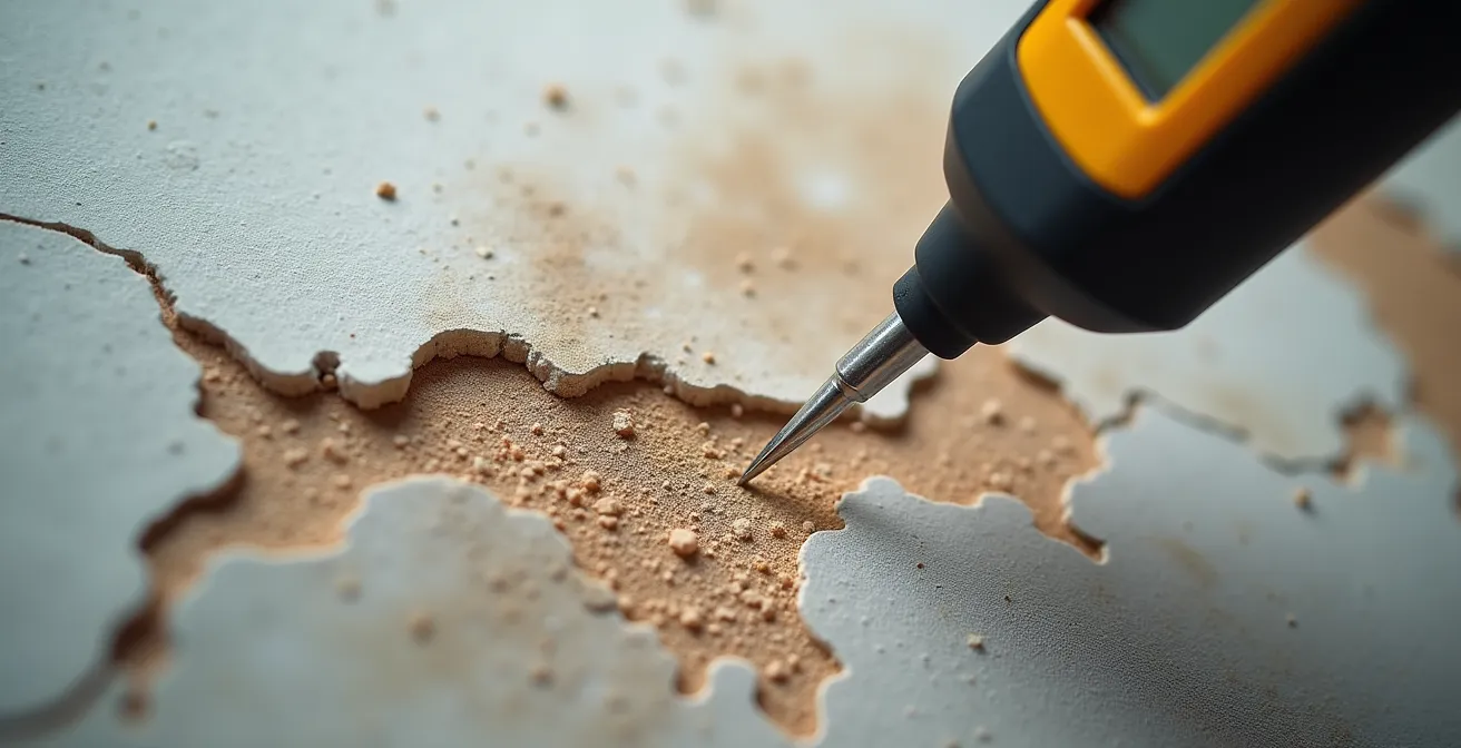 Tecnico con termocamera analizza parete con tracce di umidità in appartamento