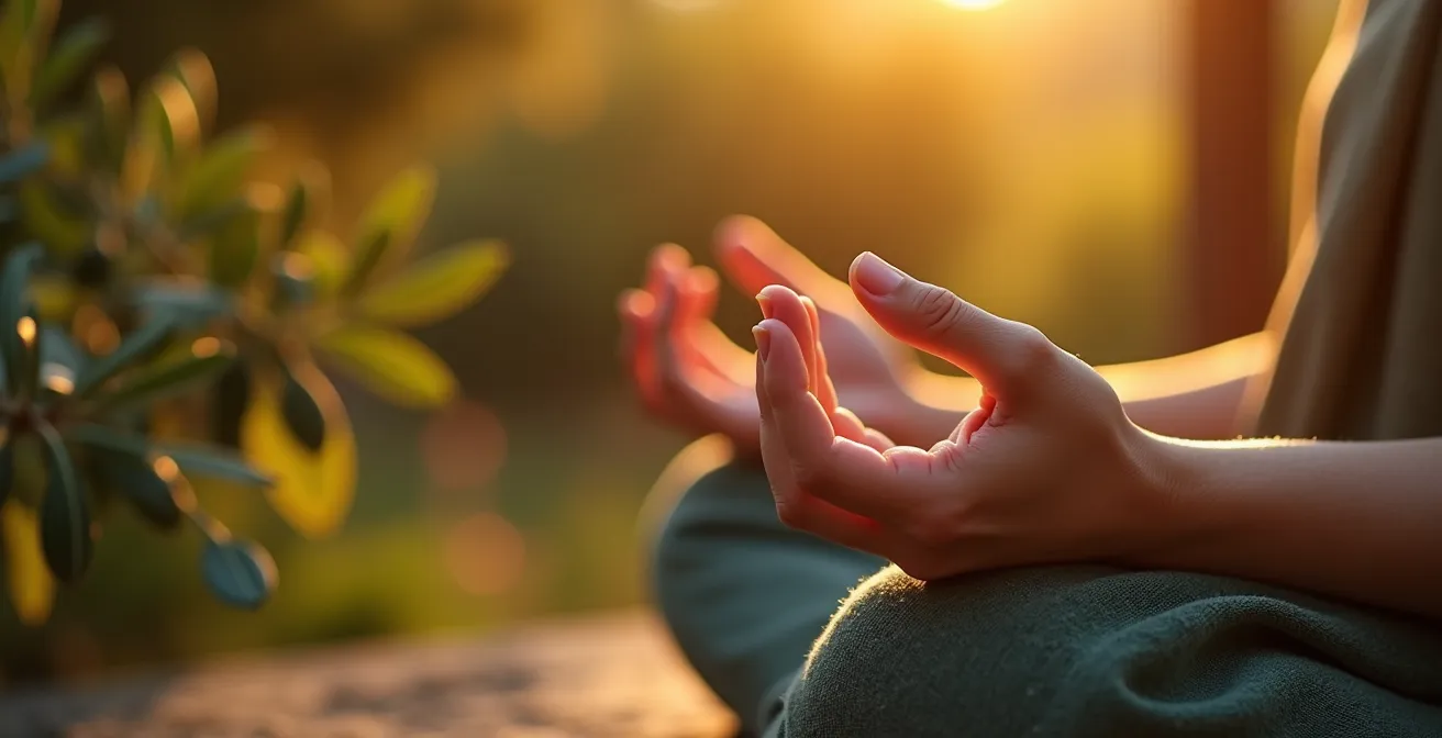 Donna in meditazione in un giardino italiano al tramonto, circondata da ulivi