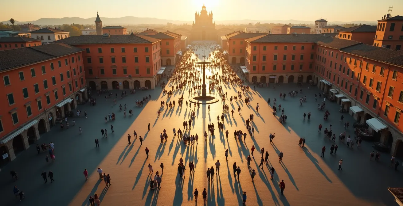 Vista dall'alto di una piazza italiana con diversi livelli di affollamento