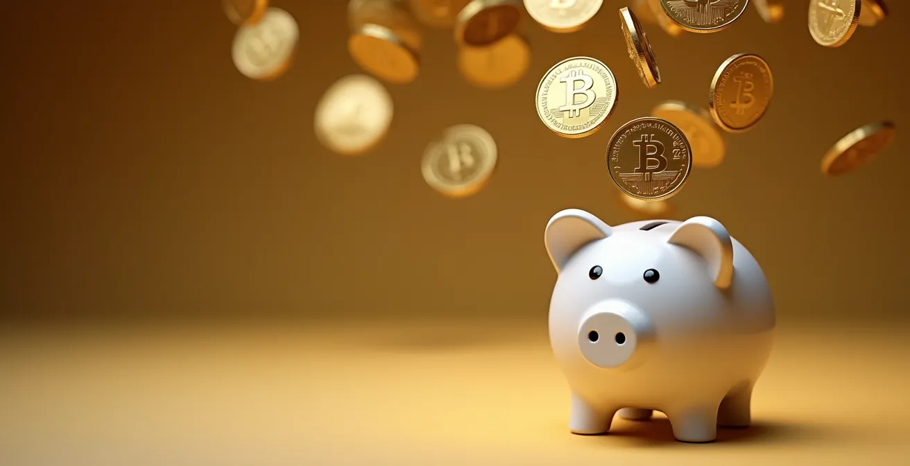 Composizione astratta di monete che cadono come pioggia dorata su un salvadanaio moderno