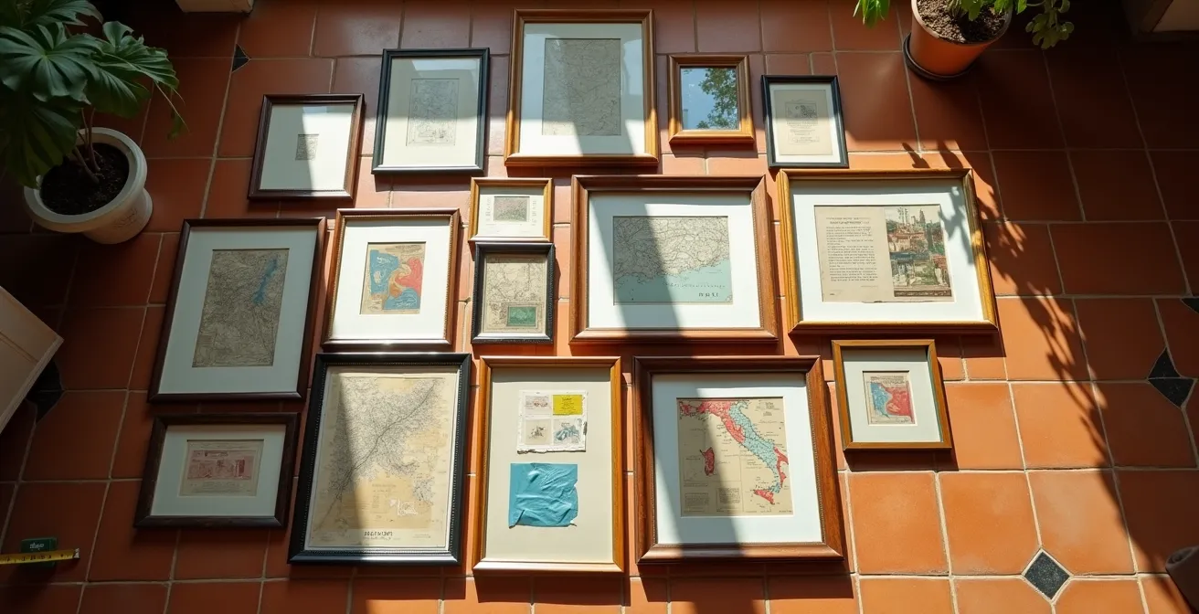 Vista dall'alto di cornici disposte sul pavimento in composizione organica prima del montaggio