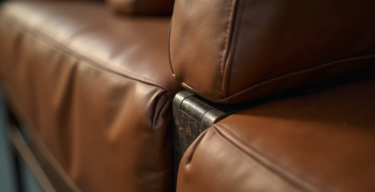 Dettaglio macro di un pezzo di design italiano iconico, che mostra la grana del legno e la precisione delle giunzioni metalliche.