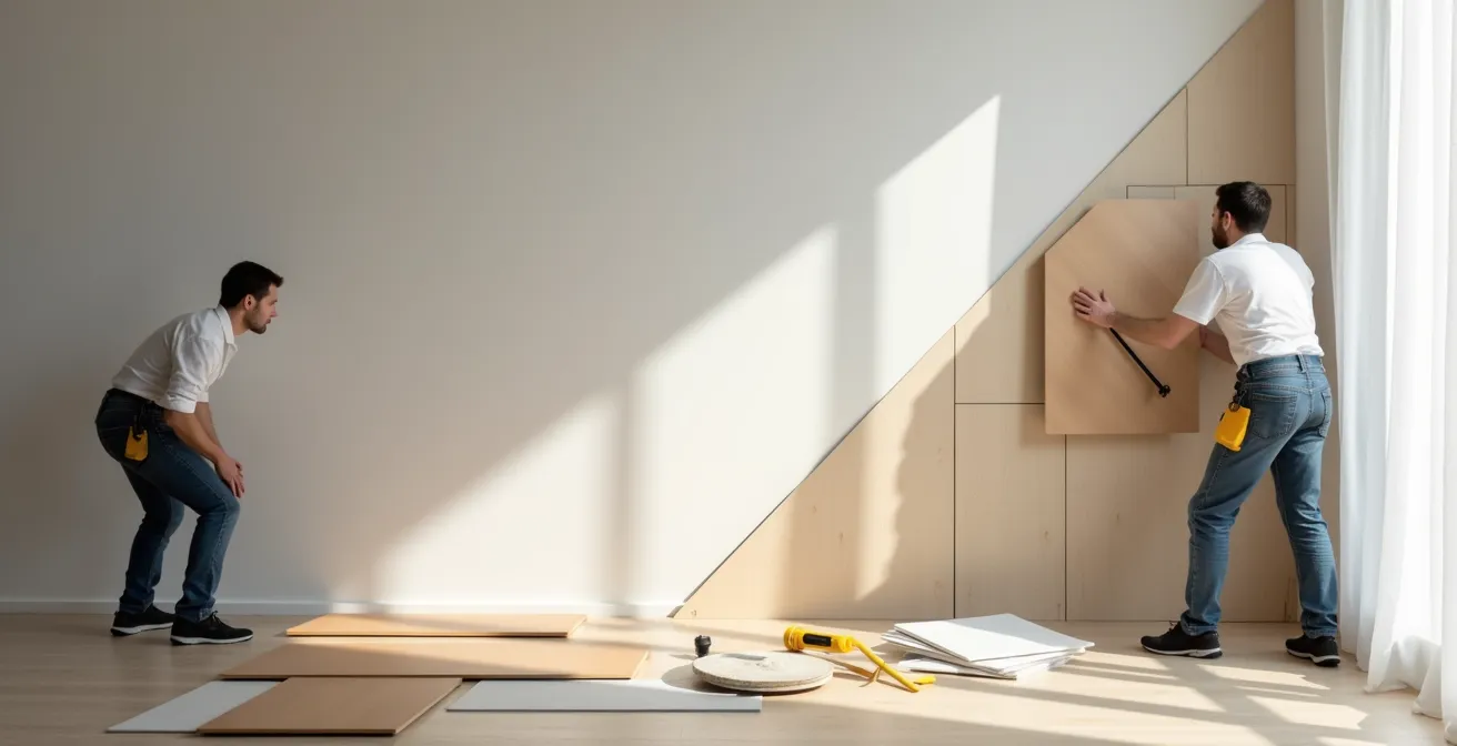 Operaio installa pannelli fonoassorbenti su parete interna con attrezzi professionali