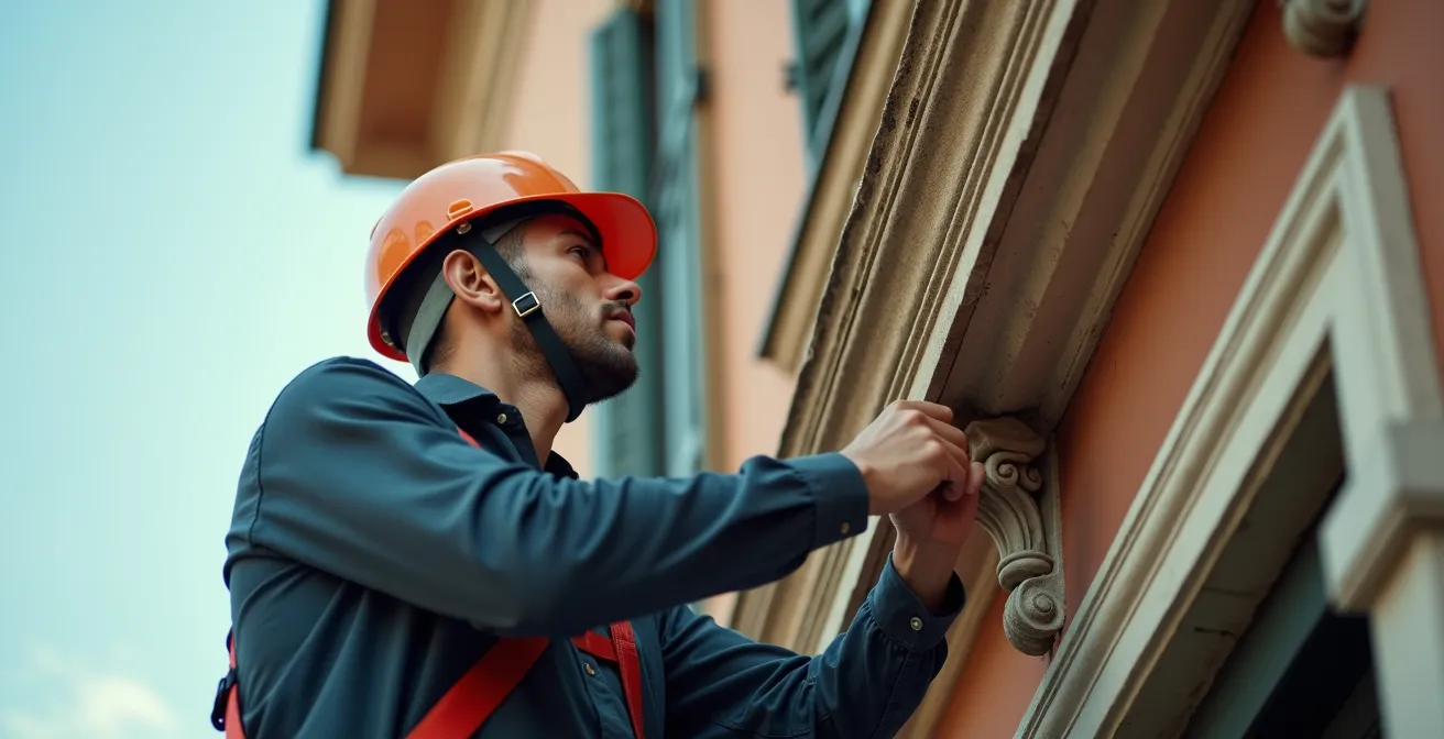 Operatore specializzato con imbragatura ispeziona cornicioni dall'alto di un edificio storico italiano