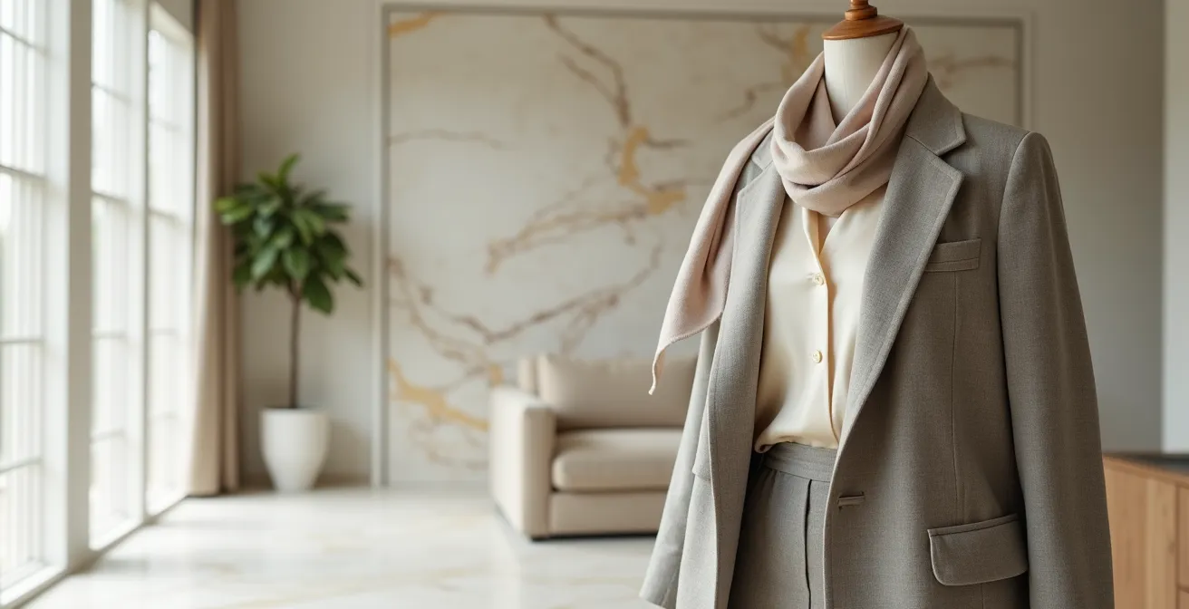 Outfit professionale a strati con blazer destrutturato e foulard di seta per donna in menopausa