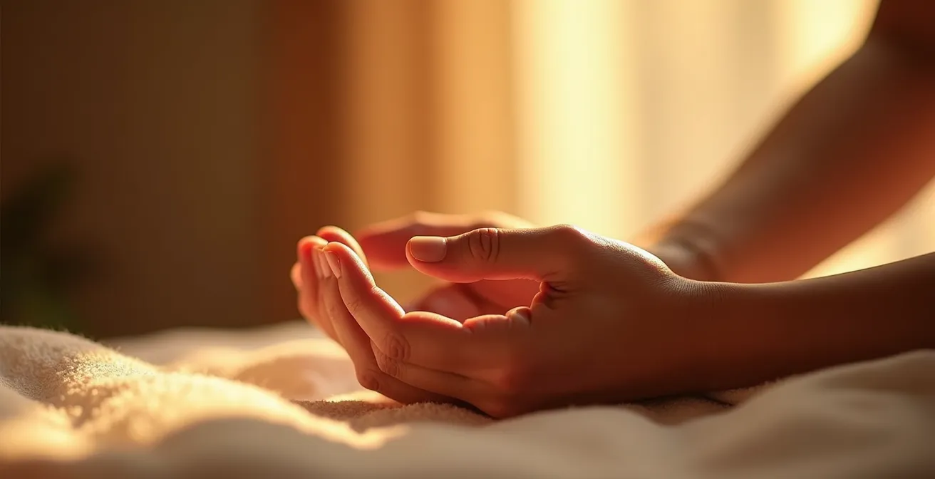 Dettaglio macro di mani che si riscaldano durante l'esercizio del calore nel training autogeno