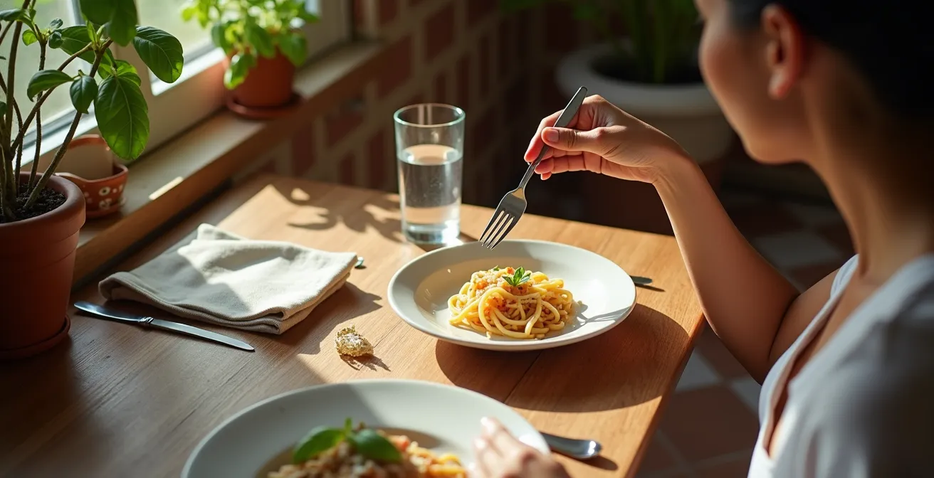 Tavola apparecchiata all'italiana con persona che mangia lentamente