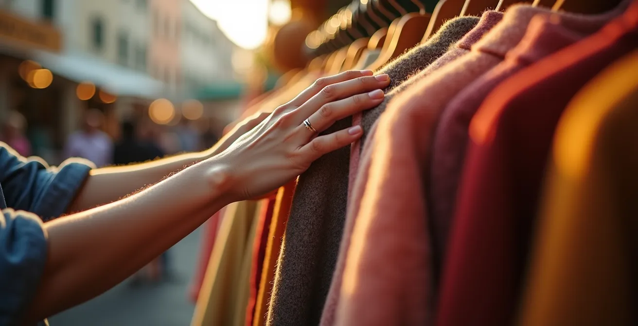 Mani che sfogliano abiti vintage colorati appesi in un mercatino dell'usato