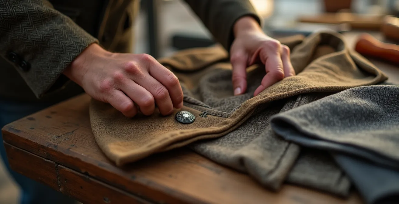 Banco di mercato vintage italiano con tessuti pregiati e dettagli sartoriali in primo piano.