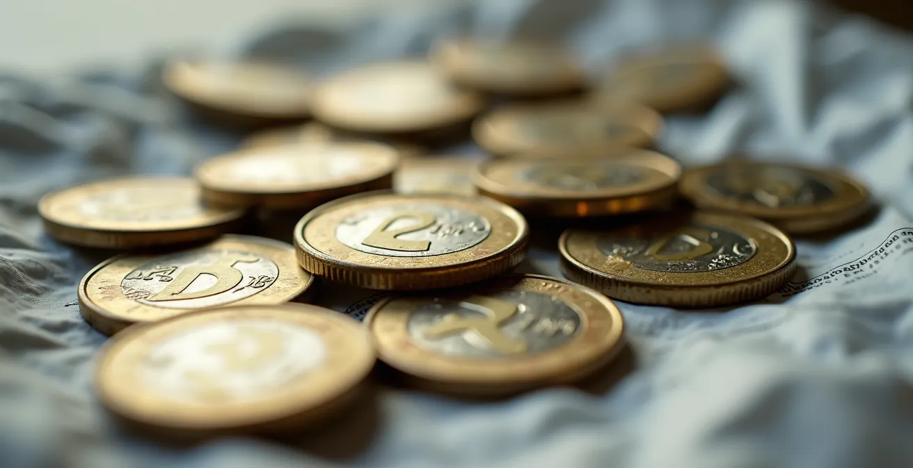Dettaglio ravvicinato di monete e scontrini che mostrano i micro-aumenti quotidiani