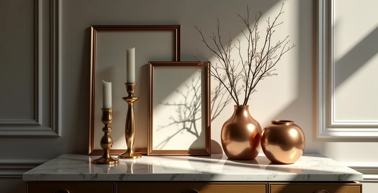 Composizione elegante di complementi d'arredo in metalli misti su una consolle di marmo, che mostra un mix armonico di ottone, argento e rame.