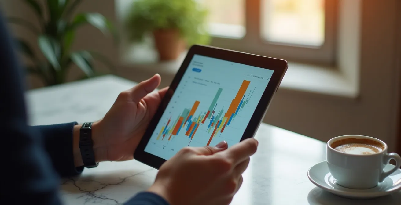 Mani che impostano un ordine ricorrente su tablet con grafici di crescita sullo sfondo