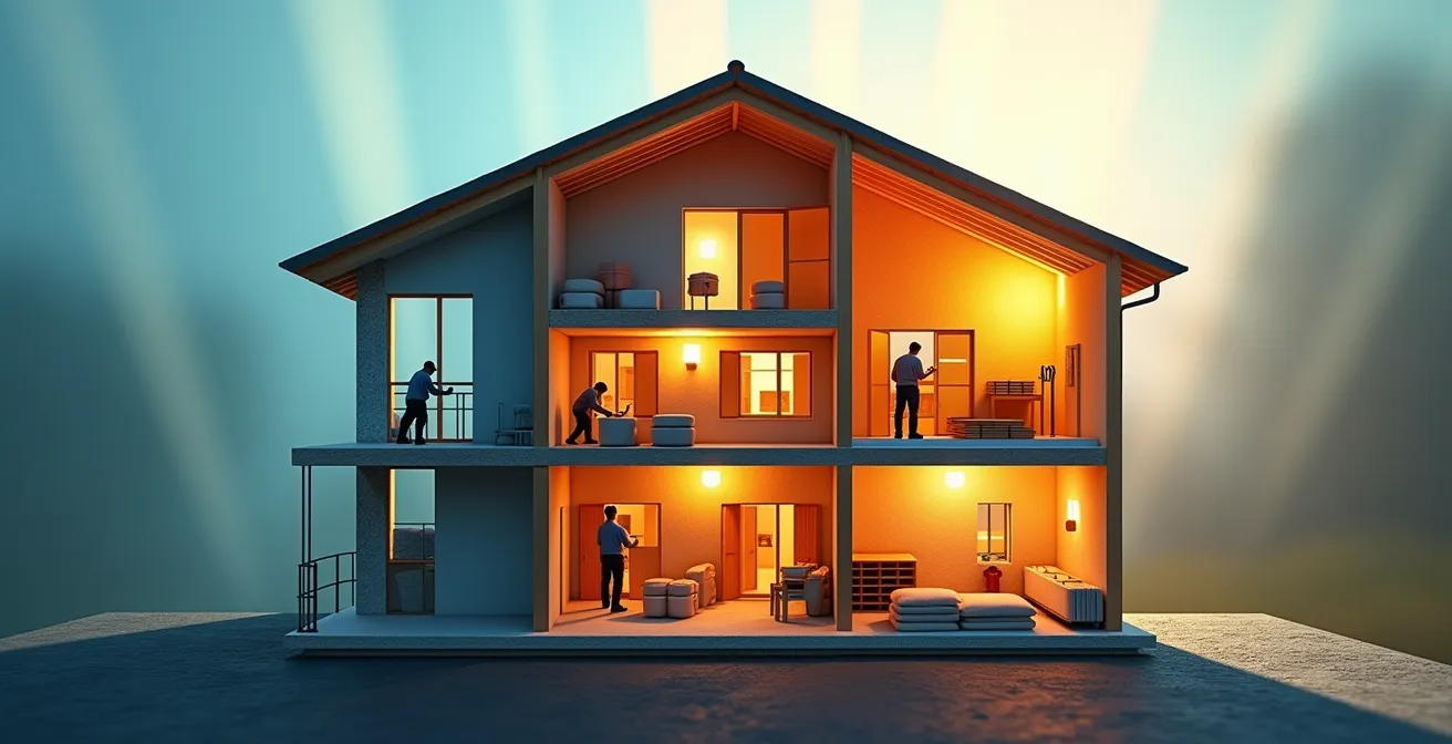 Sezione trasversale di casa italiana con livelli di intervento energetico evidenziati