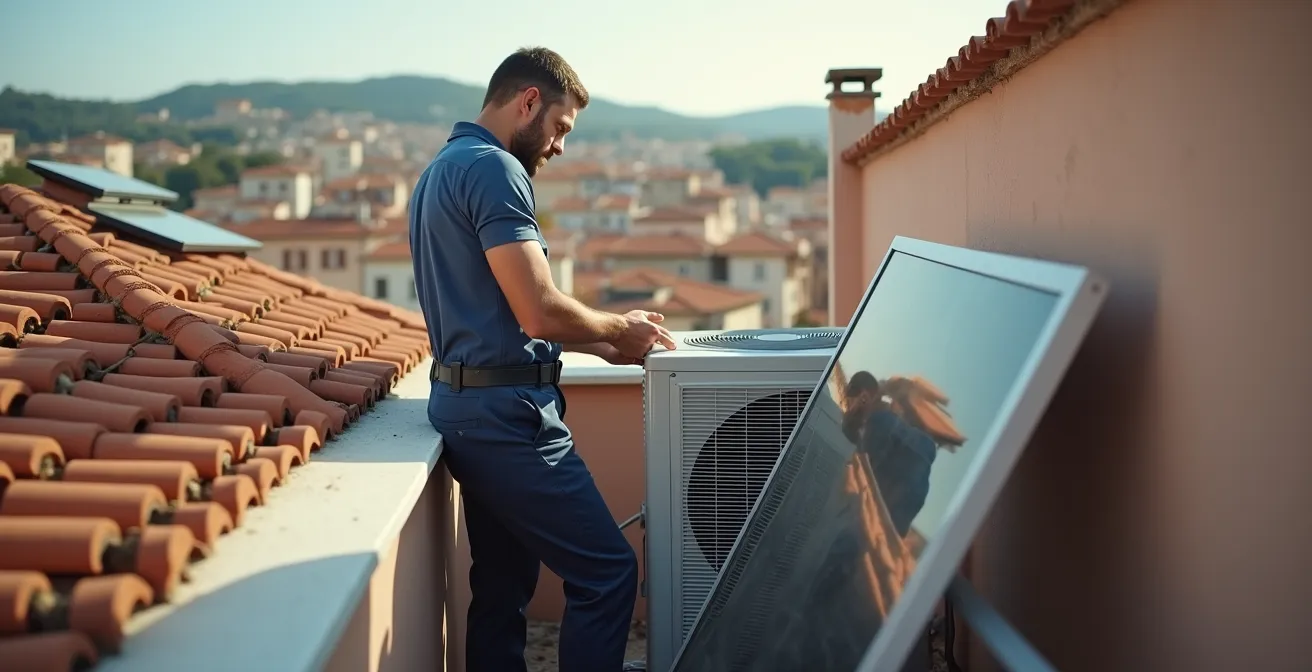 Installazione pompa di calore su terrazzo italiano con vista panoramica