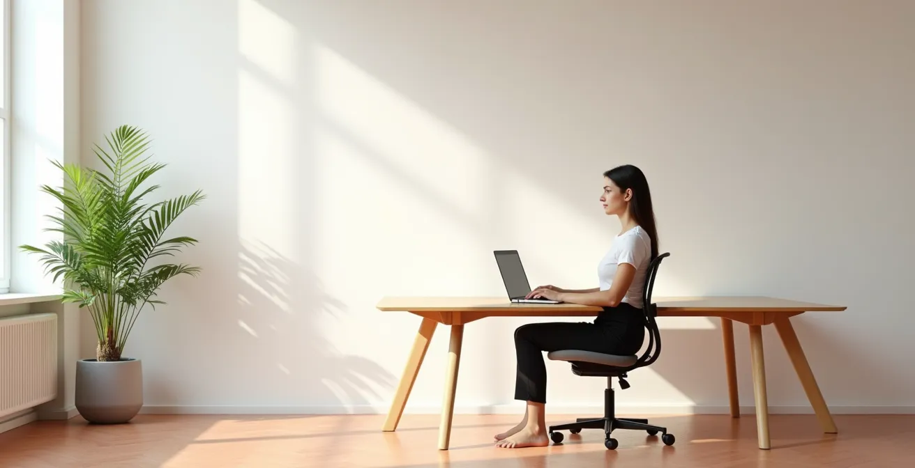 Vista laterale di persona con postura corretta in ambiente lavorativo minimalista