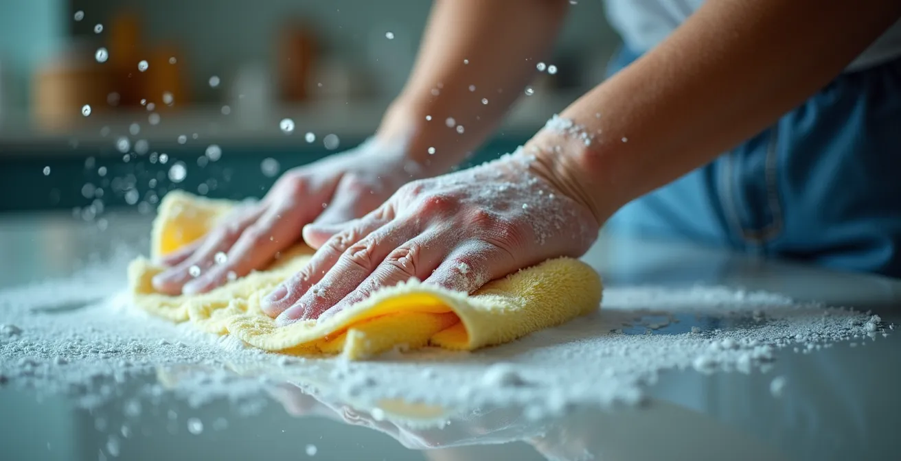 Vista macro di mani che puliscono una superficie con movimento energico mostrando texture e dettagli