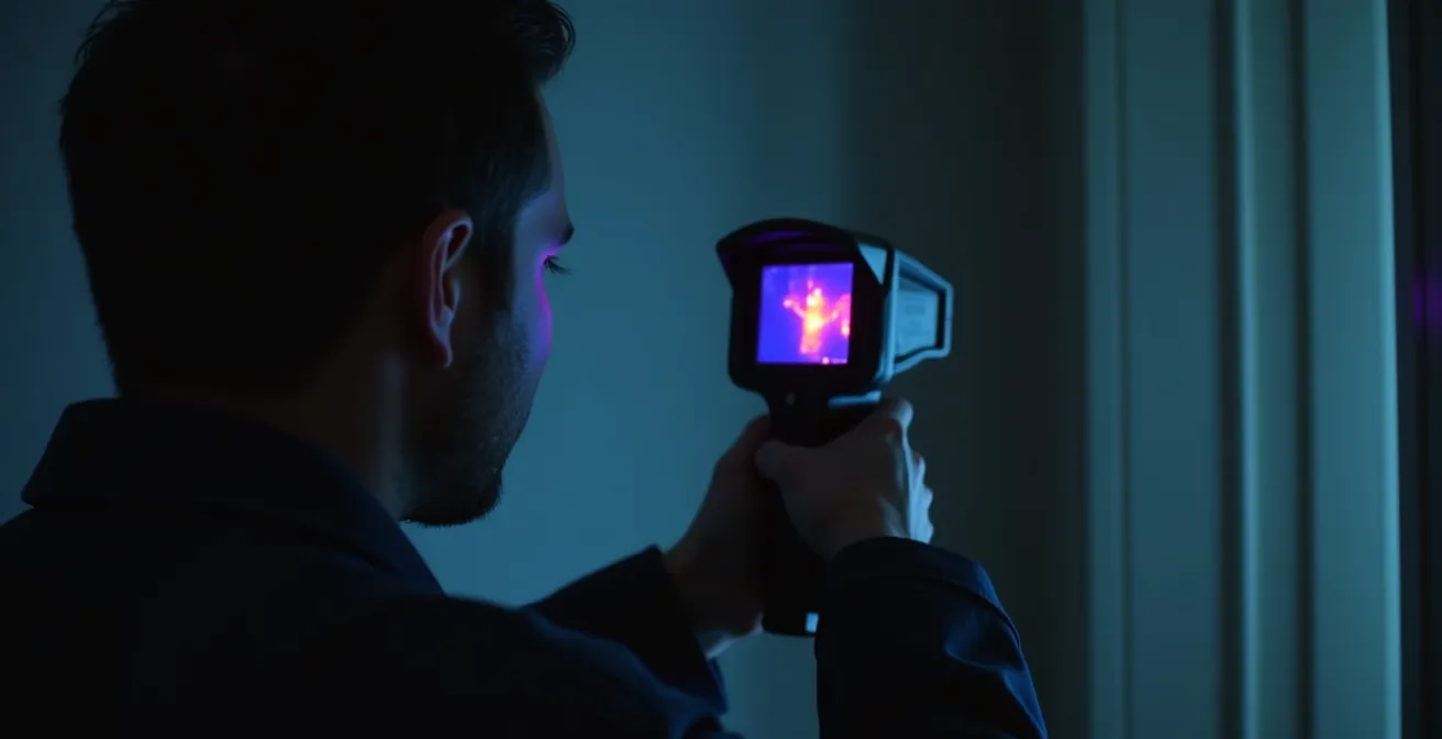 Tecnico che esegue un'ispezione termografica di una parete interna per rilevare umidità nascosta