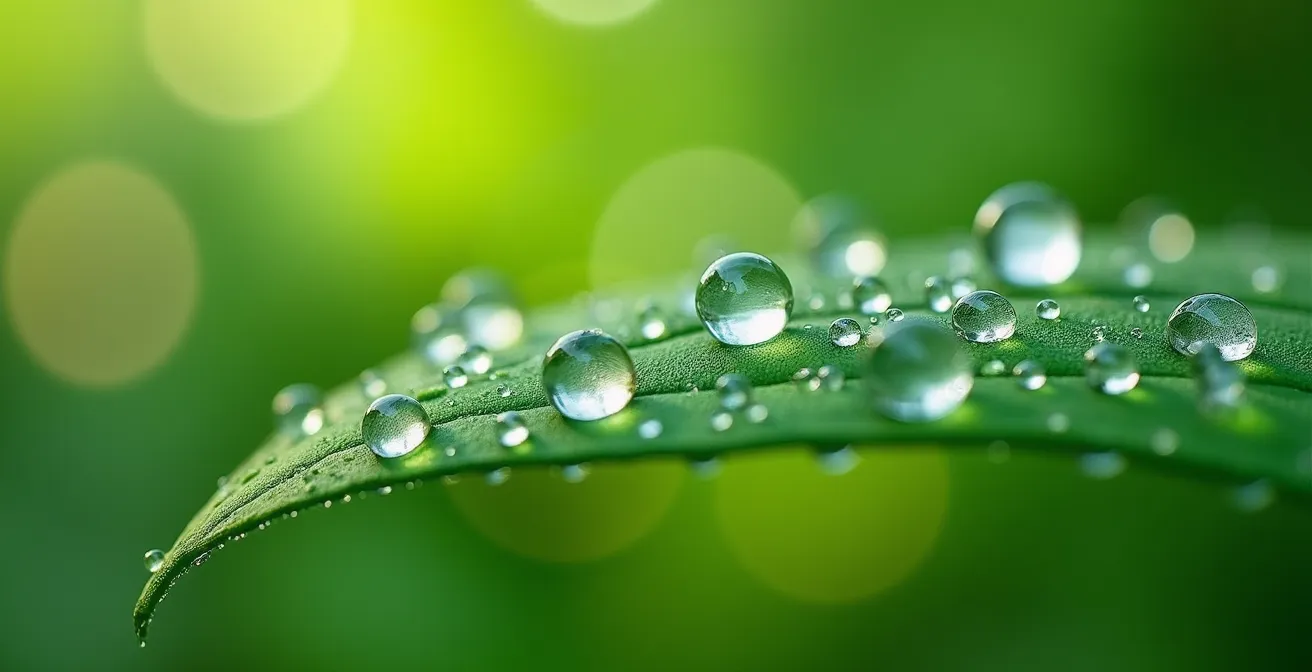 Dettaglio macro di gocce d'acqua su foglia verde con texture naturale