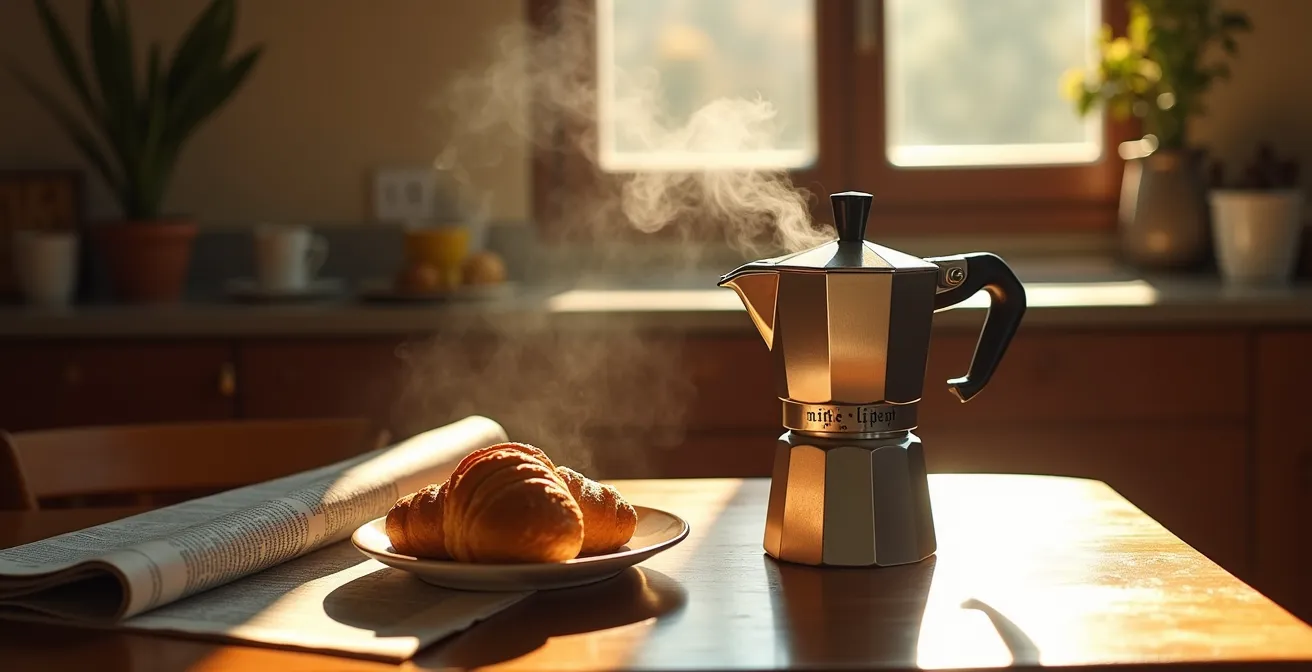 Tavola italiana per colazione con moka fumante, cornetto e giornale cartaceo in atmosfera mattutina serena