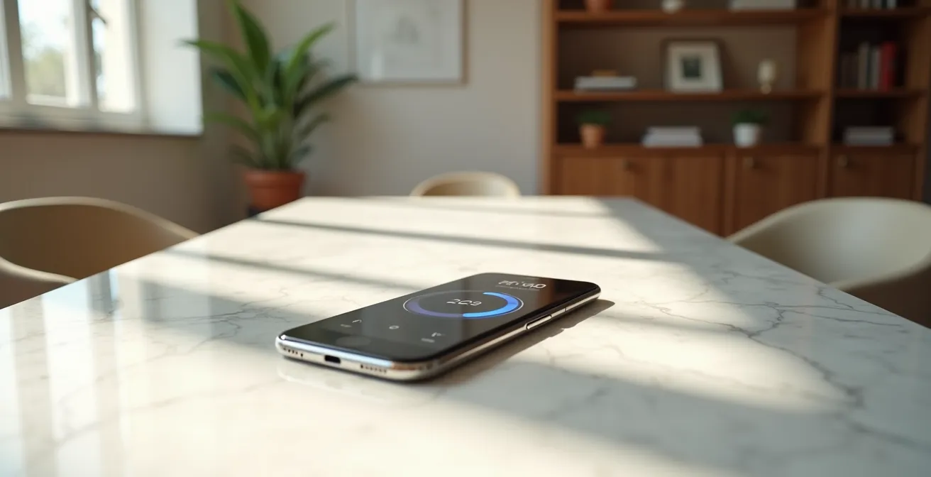 Configurazione di un piano di risparmio automatico tramite un'app fintech su smartphone in un ambiente domestico