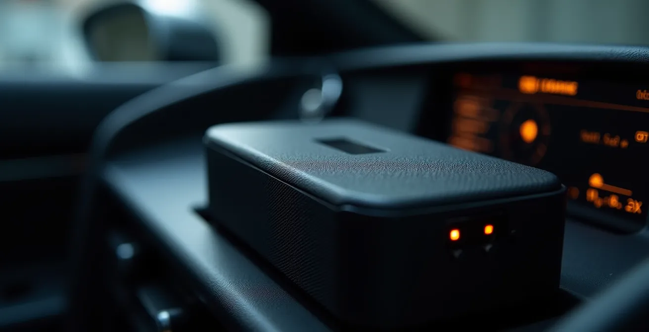 Vista ravvicinata di una scatola nera installata nel cruscotto di un'automobile