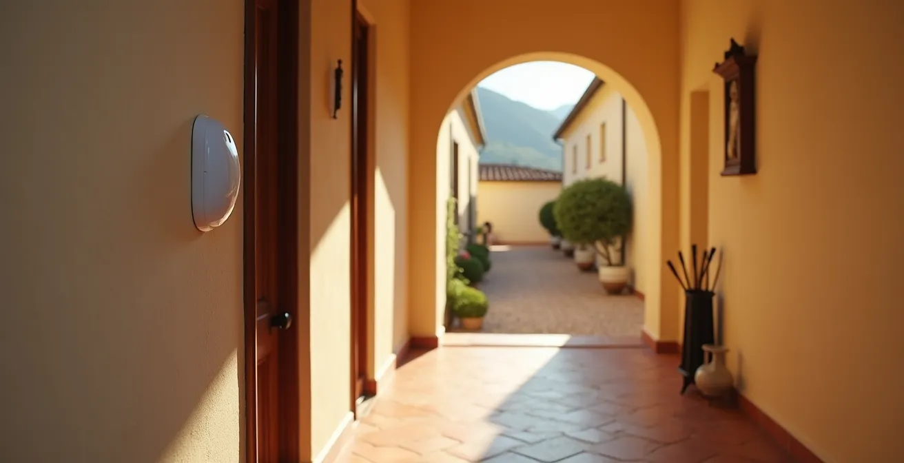Vista ampia di un corridoio domestico italiano con sensore discreto montato all'angolo del soffitto