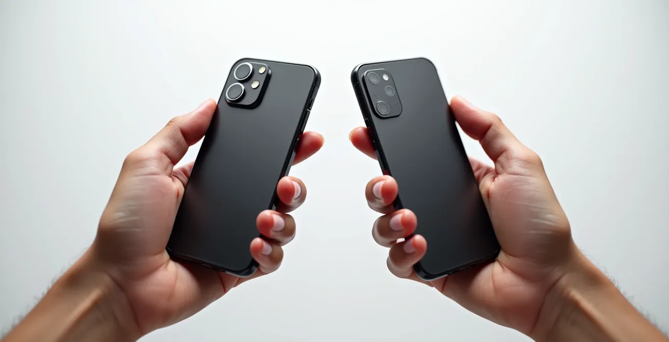 Mani che tengono due smartphone identici, uno colorato e uno in scala di grigi, mostrando la differenza visiva