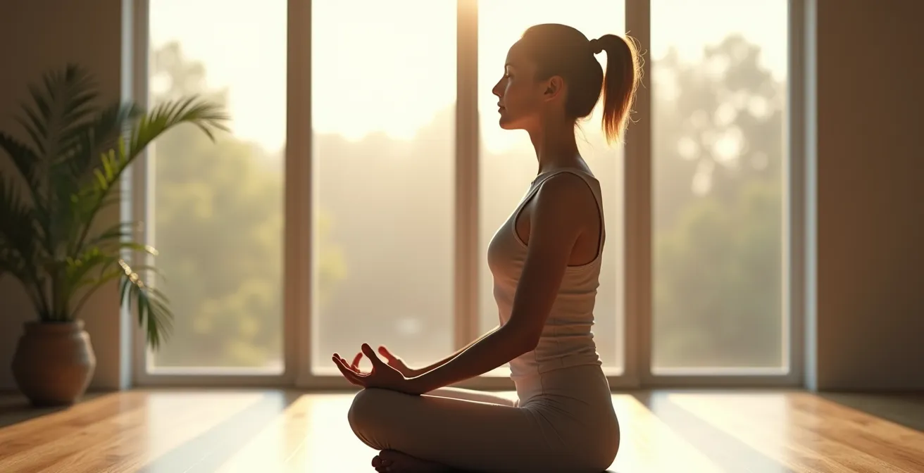 Vista laterale di persona che esegue la tecnica del sospiro ciclico con focus sul movimento del diaframma