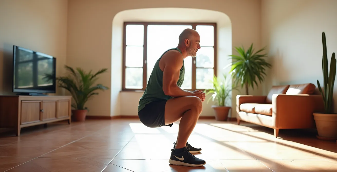 Persona over 50 esegue uno squat perfetto in ambiente domestico italiano