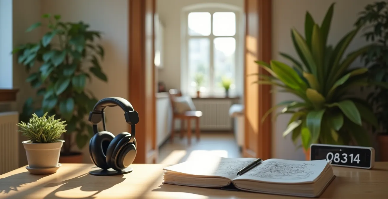 Ambiente di studio domestico con postazione organizzata e elementi di isolamento acustico