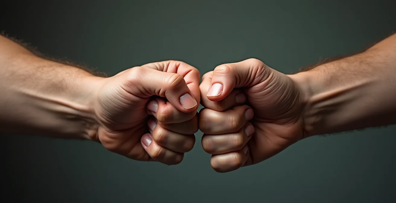 Dettaglio macro delle mani italiane che stringono con forza mostrando texture e muscolatura