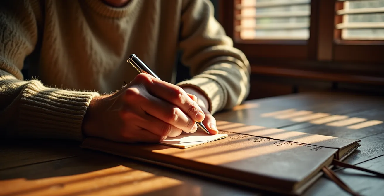 Primo piano di mani che scrivono in un diario con luce naturale dalla finestra