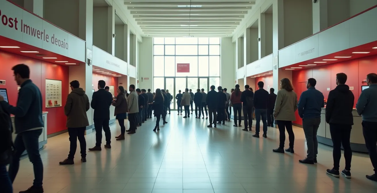 Vista minimalista di un ufficio postale italiano con risparmiatori in attesa