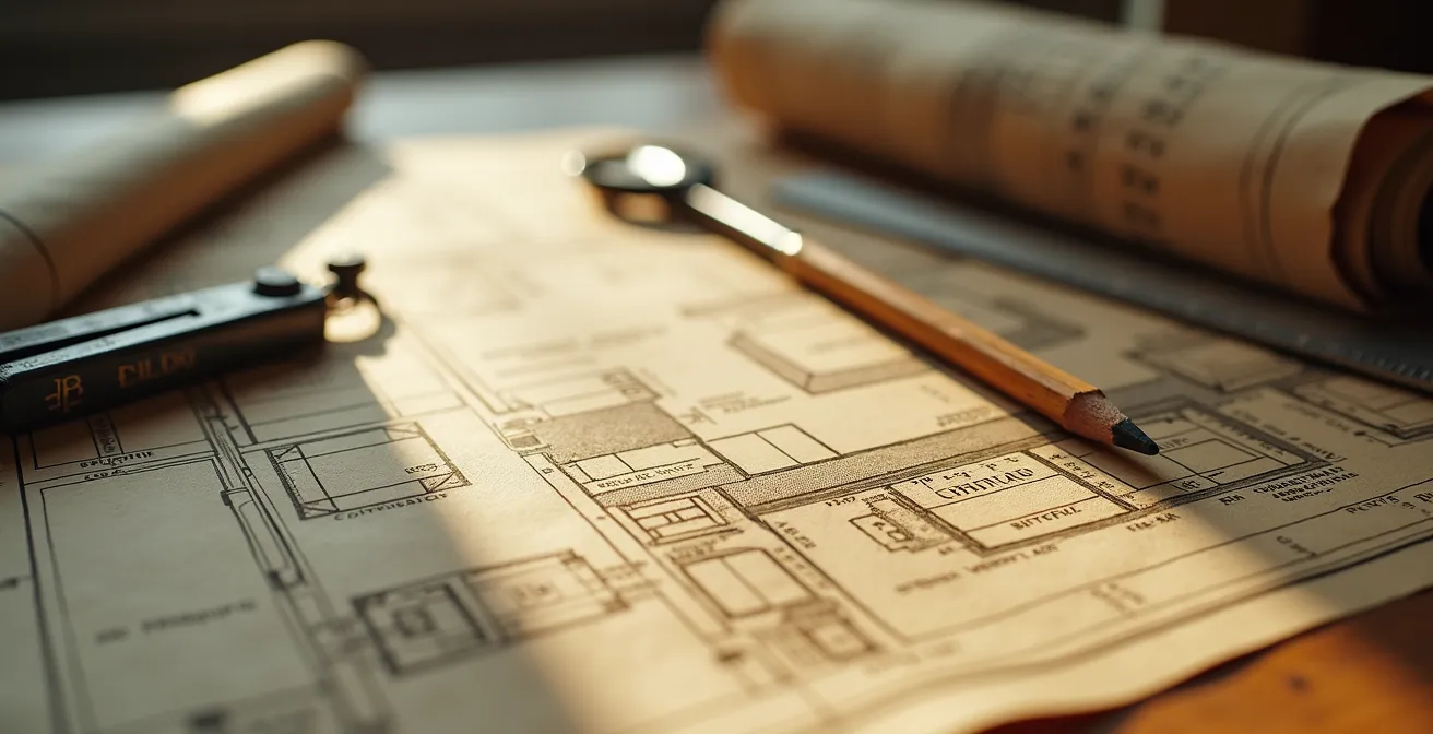 Tecnico che esamina progetti edilizi e documenti catastali