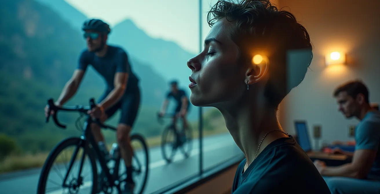 Ciclista in visualizzazione mentale profonda con dettagli sensoriali multipli