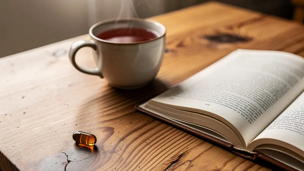 Capsule di integratore Chaga su tavolo in legno naturale