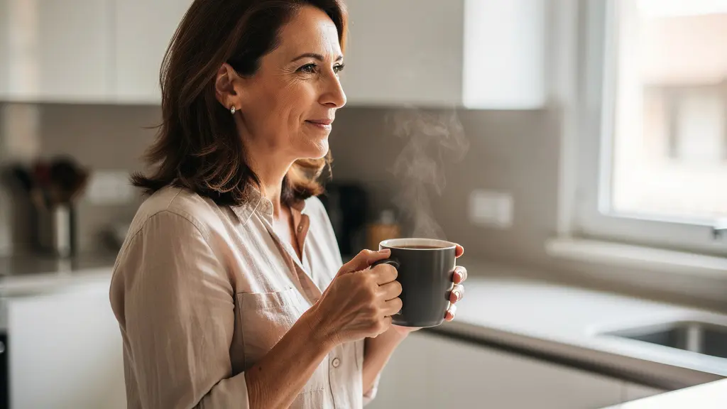 Donna italiana con tazza fumante di bevanda al Chaga in cucina luminosa
